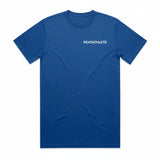 Front view of royal blue Pentathlete Aristotle quote t-shirt with "PENTATHLETE" text on the chest.