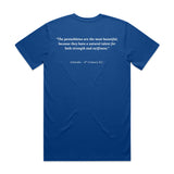 Back view of royal blue Pentathlete t-shirt featuring the full Aristotle quote about strength and swiftness.