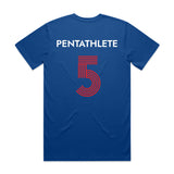 Back view of the royal blue USA Pentathlon Jersey Tee with a white PENTATHLETE nameplate and a large red number 5.