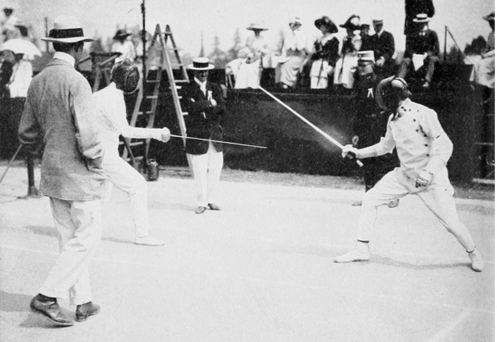 George S. Patton fencing as a pentathlete during the Modern Pentathlon event at the 1912 Stockholm Olympics.