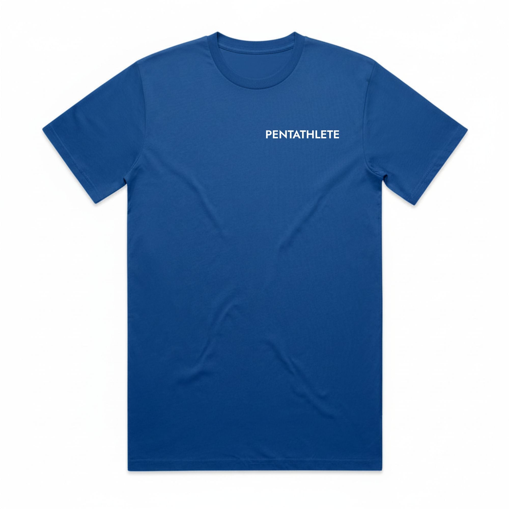 Front view of royal blue Pentathlete Aristotle quote t-shirt with "PENTATHLETE" text on the chest.