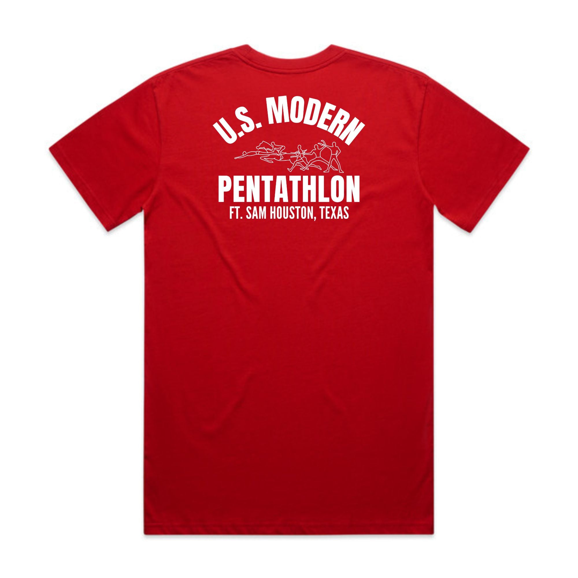 Red USA Pentathlon Heritage T-Shirt, back view with white U.S. Modern Pentathlon logo