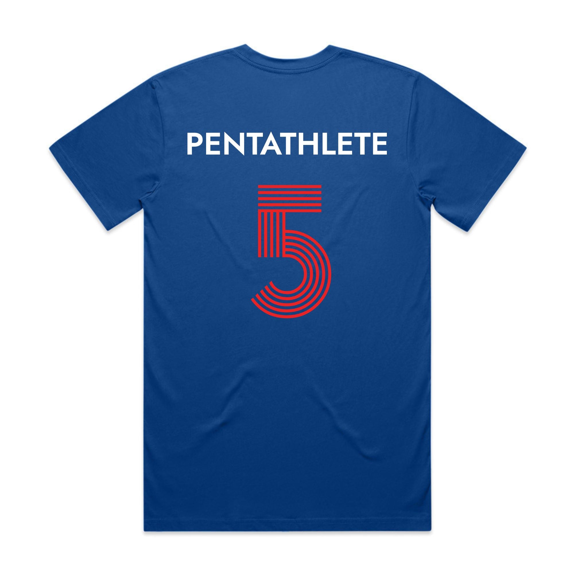 Back view of the royal blue USA Pentathlon Jersey Tee with a white PENTATHLETE nameplate and a large red number 5.