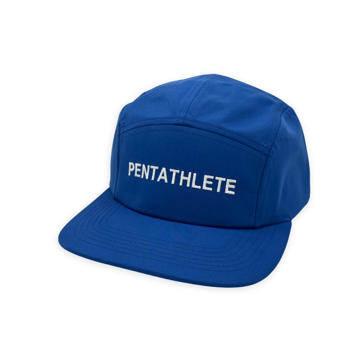Pentathlete 5-panel cap in royal blue with white embroidery, shown at an angle.