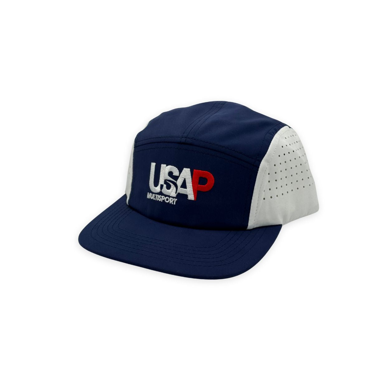 Angled view of the USAP Multisport 5 panel hat in navy blue with white perforated side panels