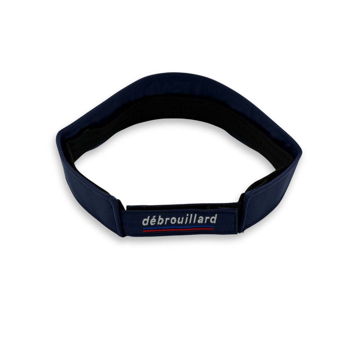 Back view of the navy blue USA Pentathlon Multisport visor showing the “débrouillard” embroidery on the adjustable strap